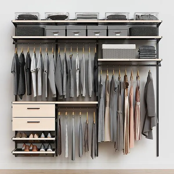 Décor+ by Elfa 7' Closet w/ Solid Drawers Mt Grey & Nat Birch